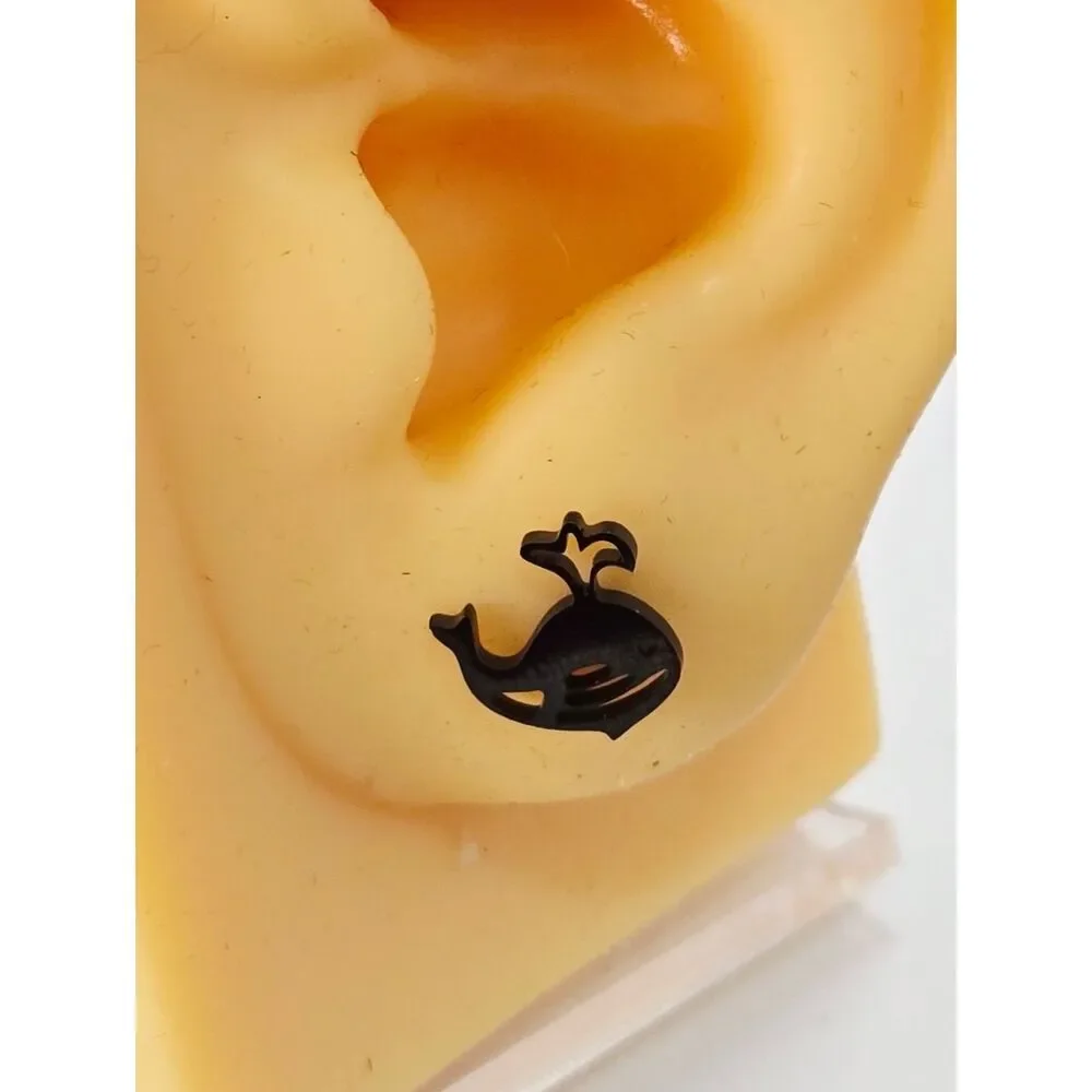 Black Whale Stud Earrings Stainless Steel Silhouette Ocean Animal Dainty